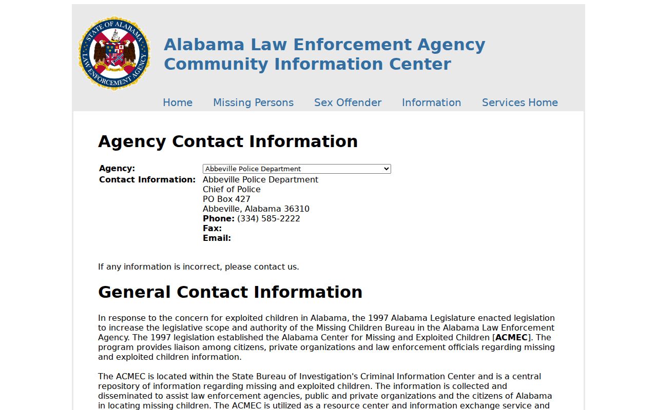 Abbeville warrant records routing through the official police contact listing